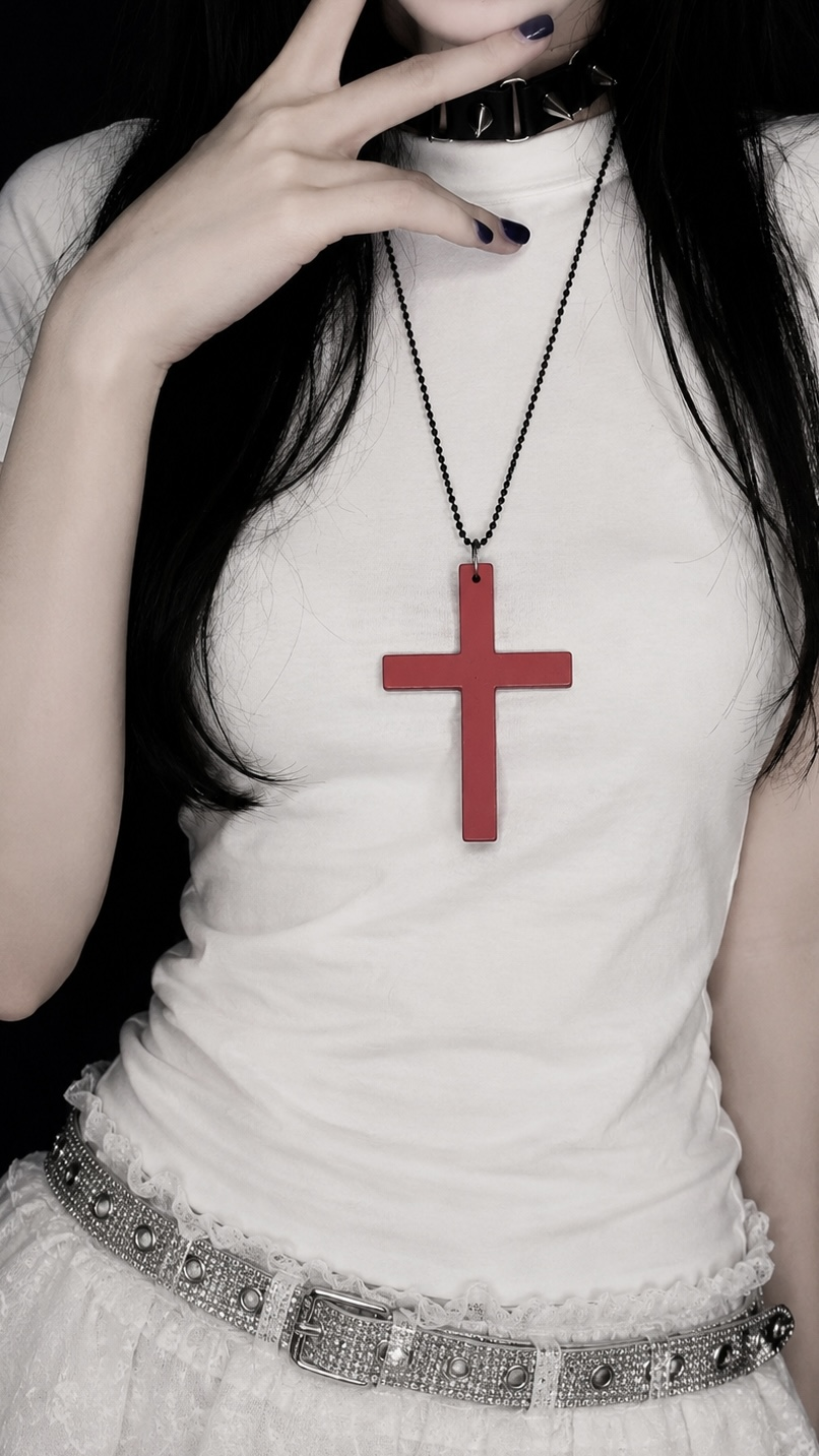 WOOD CROSS NECKLACE (RED)